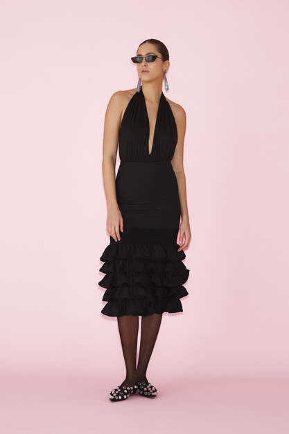 Black Midi Skirt With Ruffles - SS25