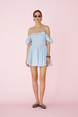 Blue Mini Dress With Smocked Elastic Bodice - SS24 - PNK Casual