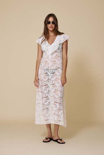 White Midi Lace Dress With Ruffled Neckline - SS25 - PNK Casual