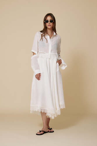 White Linen Cropped Shirt With Lace - SS25 - PNK Casual