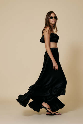Black Silk Maxi Skirt With Ruffles - PNK Casual
