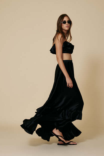 Black Silk Maxi Skirt With Ruffles