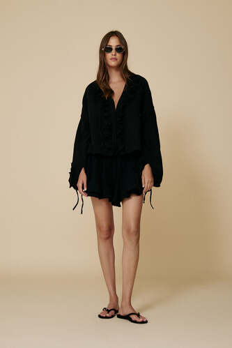 Black Cotton Oversized Shirt With Ruffled Detail - PNK Casual