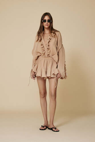 Beige Cotton Oversized Shirt With Ruffled Detail - PNK Casual