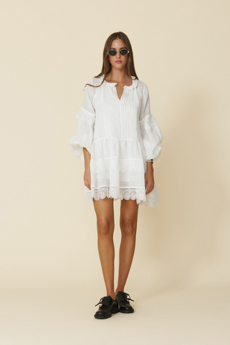 White Linen Mini Dress With Lace Inserts - PNK Casual