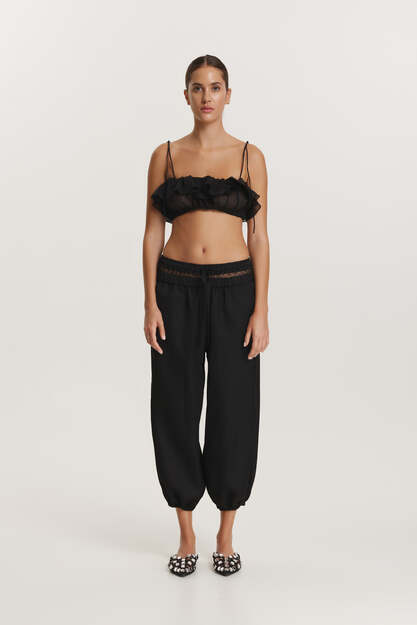 Black Viscose Pants With Lace Insert At The Waistband - FW25