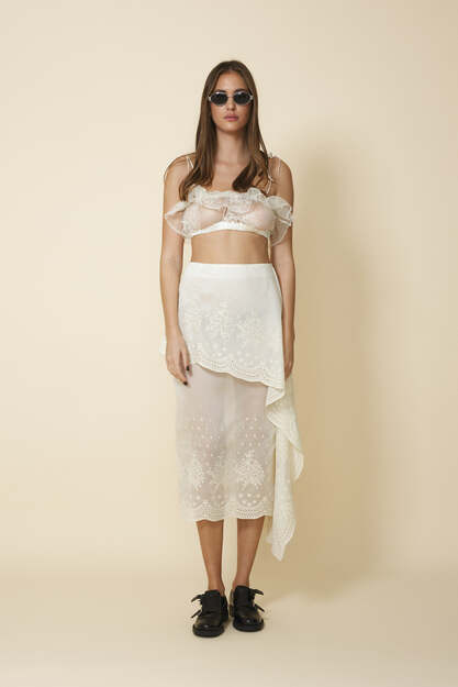 Off-White Embroidered Skirt Featuring An Asymmetric Cut And Soft Side Draping - Pre-Spring26