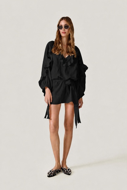 Black Dress With Ruffled Details - SS26