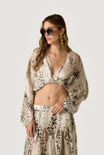 Beige Printed Silk Wrap Top - PNK Casual