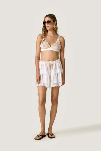 White Linen Mini Skirt with Lace Inserts - PNK Casual