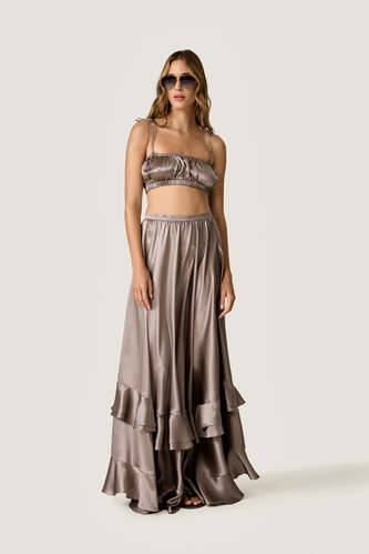 Silk Maxi Skirt with Cascading Ruffles - PNK Casual