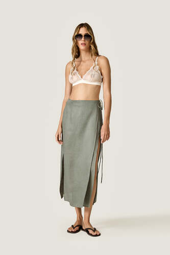 Kaki Linen Wrap Midi Skirt - PNK Casual
