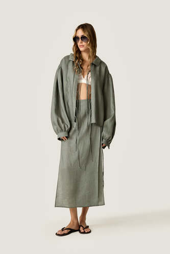 Kaki Oversized Blouse with Drawstrings - PNK Casual