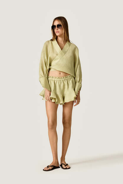 Pistachio Green Wrap Blouse With Long Sleeves