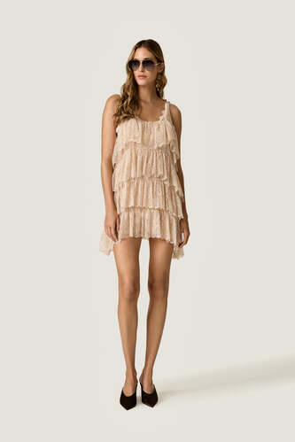Beige Chantilly Lace Mini Dress with Ruffles - PNK Casual