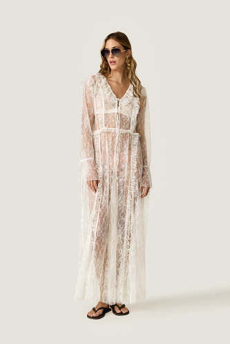 Sheer Lace Maxi Dress with Ruffle Details - PNK Casual