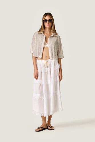 White Linen Midi Skirt with Lace Inserts - PNK Casual