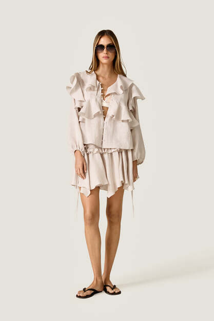 Grey Linen Ruffle Blouse