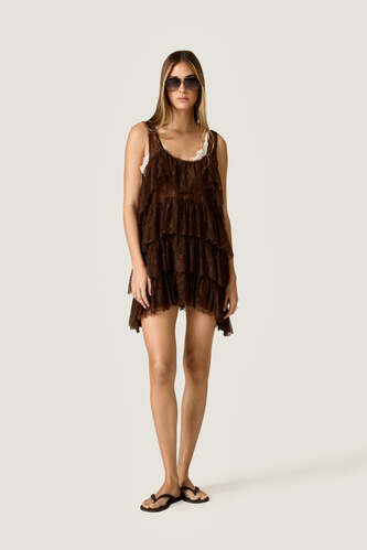Brown Chantilly Lace Mini Dress with Ruffles - PNK Casual