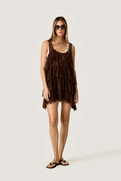 Brown Chantilly Lace Mini Dress with Ruffles