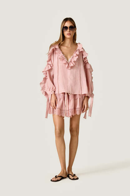 Romantic Rose Linen Ruffle Blouse