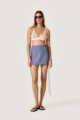 Dusty Blue Wrap Mini Skirt with Side Tie Closure - PNK Casual