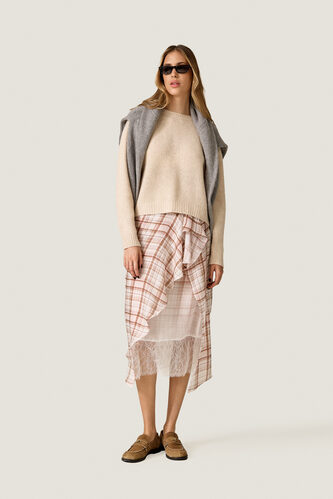 Asymmetric Check Midi Skirt with Underskirt - PNK Casual