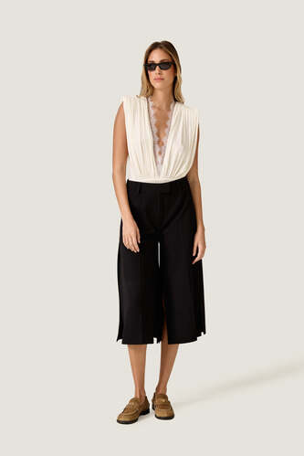 White Draped Bodysuit with Lace - PNK Casual