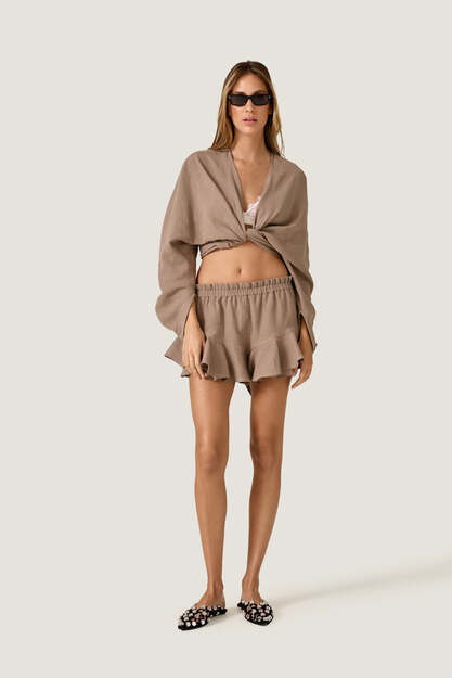 Taupe Beige Cotton Ruffled Shorts